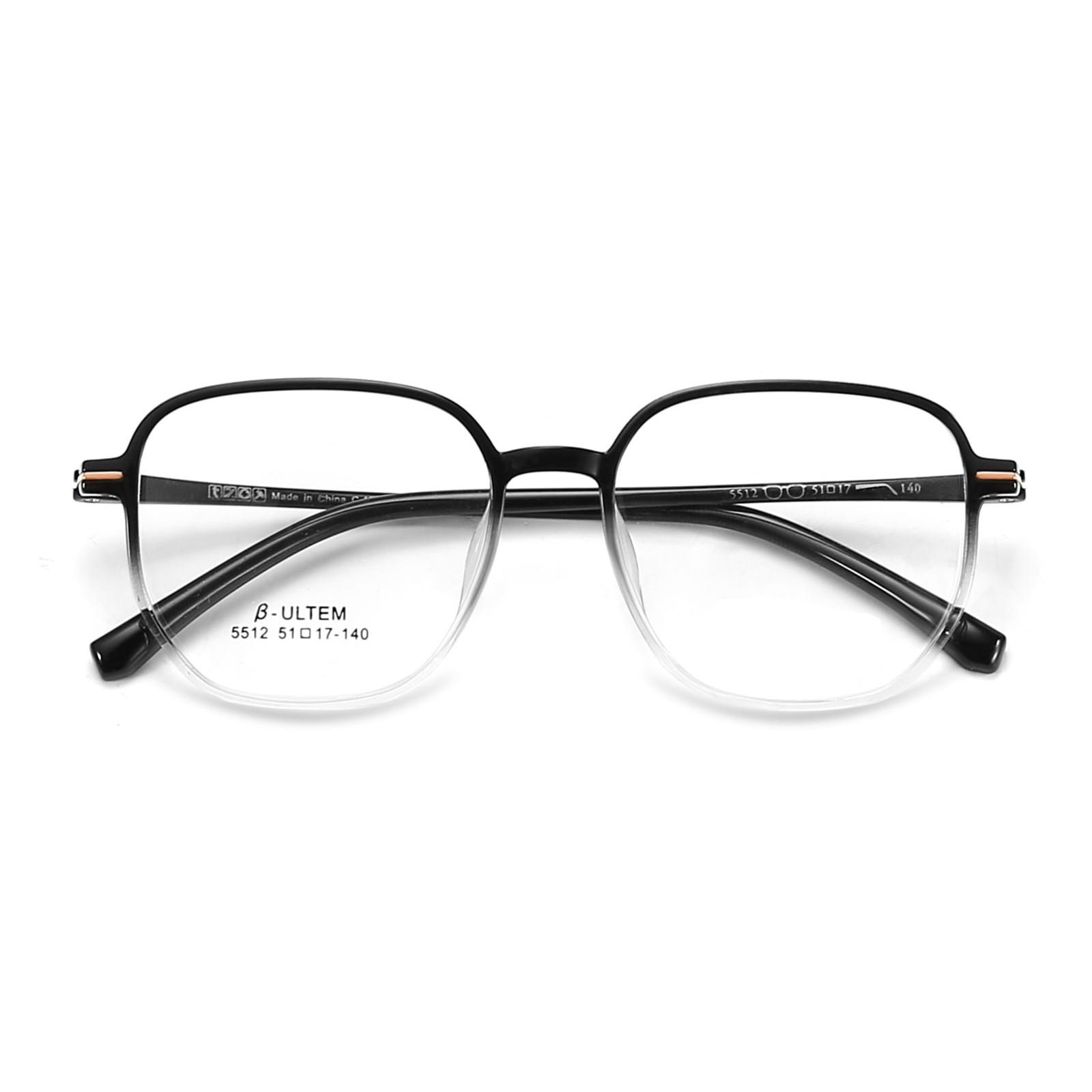 5512 TR90-Brille mit schwarzem Farbverlauf, weißem quadratischem Rahmen, Wolfram-Titan-Kunststoff und Stahl
