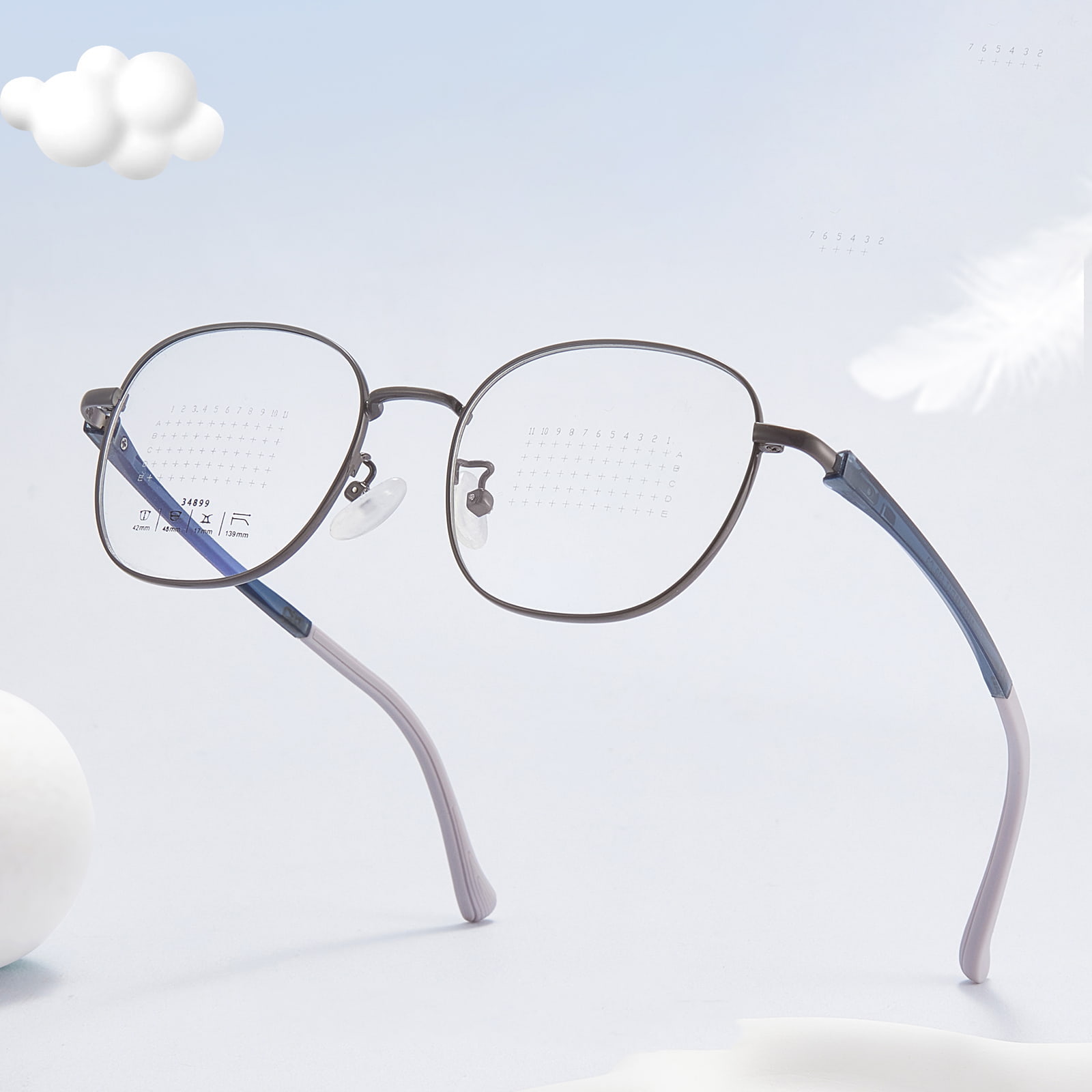34899 TR90-Bügel mit rundem Rahmen, ohne den Nasenrücken zu drücken, Legierungsbrille